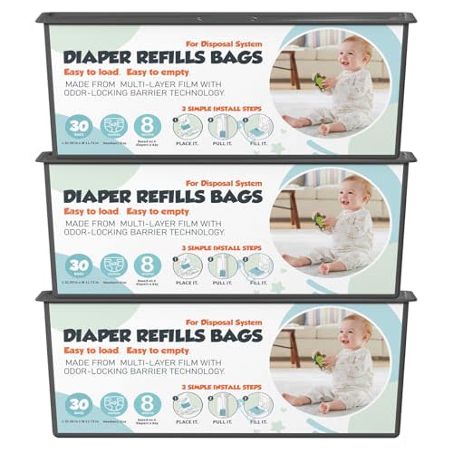 Diaper Pail Refills Bags with 30 Bags Compatible with Genie Easy Roll Signature and Platinum Diaper Pails, 7-Layer Odor-Barrier Technology, 3 Pack (90 Bag)
