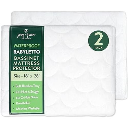 Joey + Joan Waterproof Bassinet Mattress Pad Cover Compatible with Babyletto Bassinet – 2 Pack Quilted Mattress Protector Made from Ultra Soft Bamboo Viscose Terry – 18" x 28"