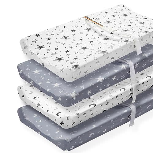 4 Pack Star and Moon Neutral Unisex Fitted Baby Sheets Set for Baby Boys or Girls (Changing pad Cover)