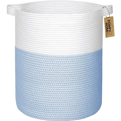 XXL Large Laundry Basket with Handles Blanket Baskets Living Room|Woven Cotton Rope Decorative Basket Laundry Hamper Baby Basket Nursery Dog Toy Storage Organizer Bin-16”x18”-White/Blue