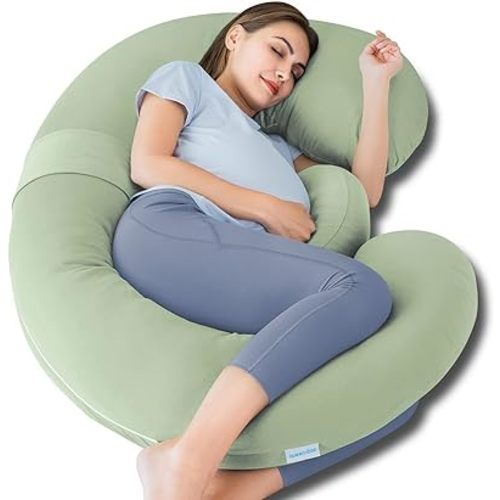 QUEEN ROSE Cooling Pregnancy Pillows - E Shaped Pregnancy Pillows for Sleeping, Detachable Body Pillow for Pregnant Side Sleeper, Cooling Silky Cotton Cover, Sage Green