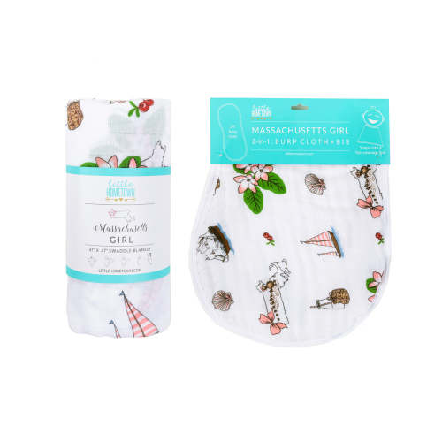 Gift Set: Massachusetts Girl Baby Muslin Swaddle Blanket and Burp Cloth/Bib Combo