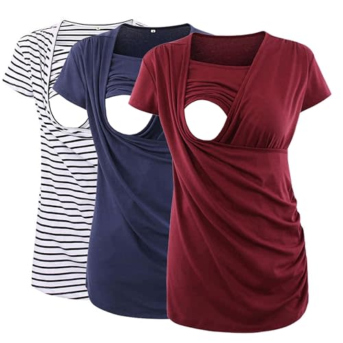 Ecavus 3PCS Women's Maternity Nursing Tops for Breastfeeding Short Sleeve Side Ruched Nursing Shirts