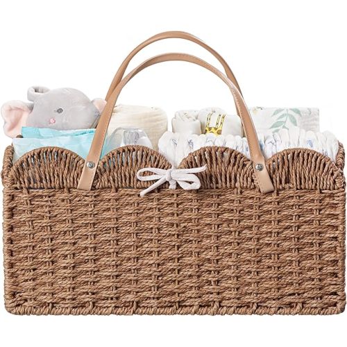 HBlife Large Baby Diaper Caddy, Paper Rope Storage Baskets Nursery Bin with Removable Divider, Portable Car Organizer for Diapers, Baby Shower Gifts, Newborn Essentials Must Haves