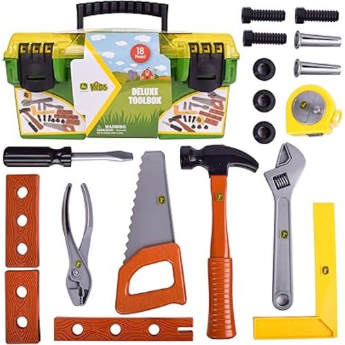 John Deere 18 Piece Deluxe Tool Box, Construction Playset with Tape Measure and Tools, Interactive Building Toys, Preschool Toys for Boys and Girls