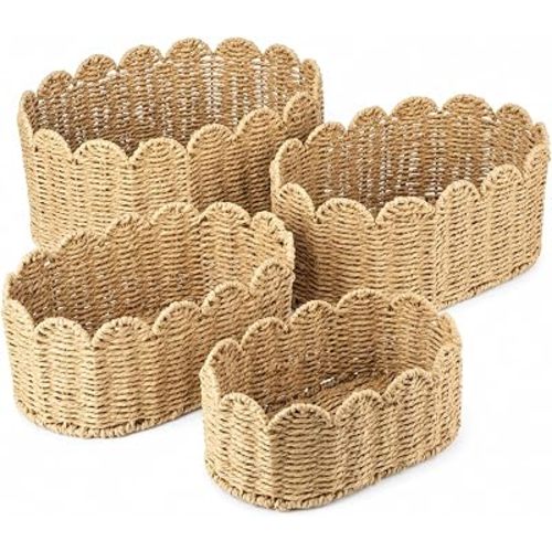 Pinkunn 4 Set Premium Scalloped Basket, Wicker Storage Baskets, 4 Sizes