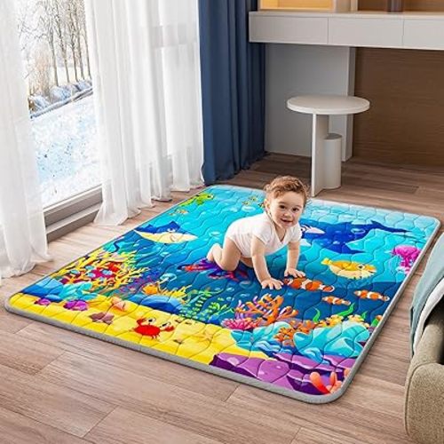 Baby Play Mat, 71"x59" Soft Thicker Playpen Mat, Non-Slip Baby Play Mat for Floor, Portable & Waterproof, Machine Washable Crawling Play Mat for Babies,Toddlers and Infants to Play and Learn,Sea World