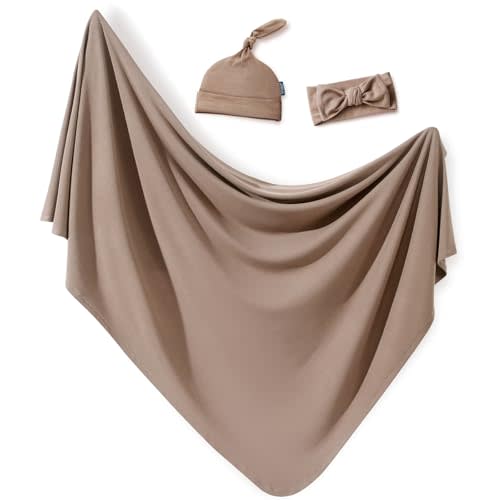GRSSDER Newborn Swaddle Blanket, Ultra Soft Jersey Receiving Blanket with Matching Headband and Beanie Set 3344", Stretchy Baby Neutral Swaddle Wrap for Girls and Boys