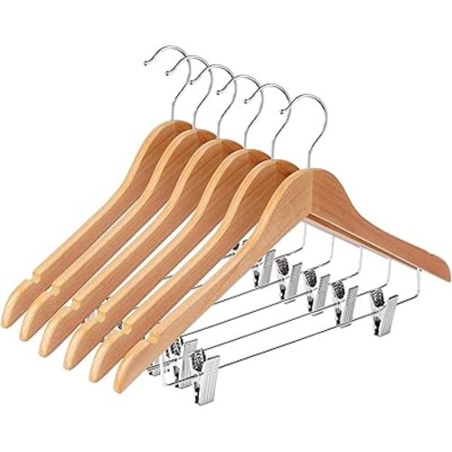 Wooden Hangers with Adjustable Heavy Duty Clips - 24 Pack Pants, Skirt, Jeans, Slacks, Shorts Hangers (Natural)