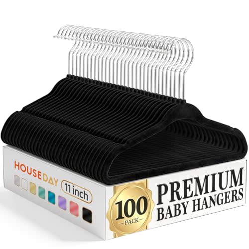HOUSE DAY 11 Inch Velvet Baby Hangers 100 Pack, Premium Black Kids Hangers | Hanger for Children, Infant & Toddler Clothes, Durable Non Slip Small Baby Felt Hanger for Closet, Bulk for Small Businesses