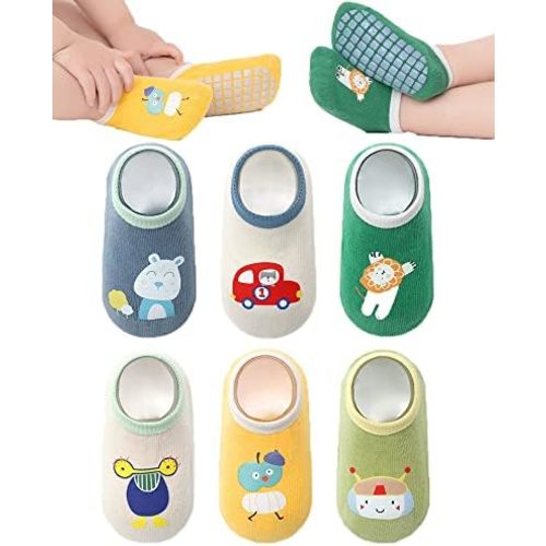 Baby Non-skid Grip Socks Toddler Socks Anti Skid Slipper Crew Socks for Girls Boys Infant Newborn 6 Pairs
