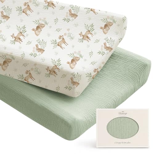 Konssy 100% Cotton Muslin Changing Pad Cover 2 Pack, 32"x16" Standard Fit | Ultra Soft & Breathable, Diaper Changing Table Sheets, Neutral Nursery Design, for Baby Boys Girls (Woodland,Sage)