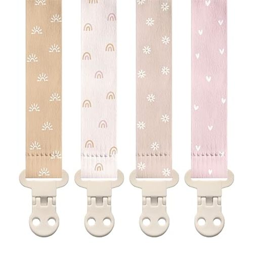 Stadela Baby Pacifier Clip Holder - Girl 4 Pack Gift Set - Boho Rainbow Suns Hearts Daisies Design (Belle)
