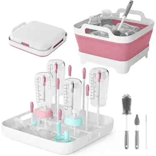 Collapsible Wash Basin with Drying Rack & Drain Plug (Pink)