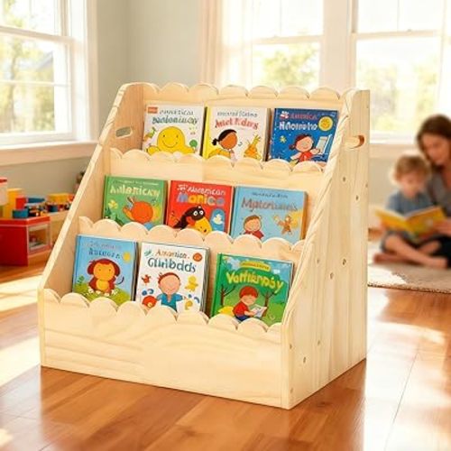 Kids Bookshelf 3-Tier, Solid Wood Bookcase & Montessori Book Display Rack, Open Front Facing Bookshelves for Toddlers, Children's Room, Nursery, Bedroom, Playroom Organizer (Small)