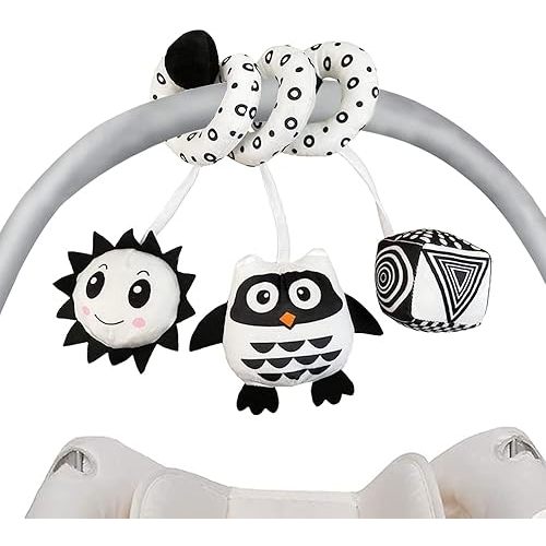 Hanging Toys for Car Seat Crib Mobile, Infant Baby Spiral Plush Toys for Crib Bed Stroller Car Seat Bar - Black and White Color Toy with Rattles Owl BB Squeaker Sun