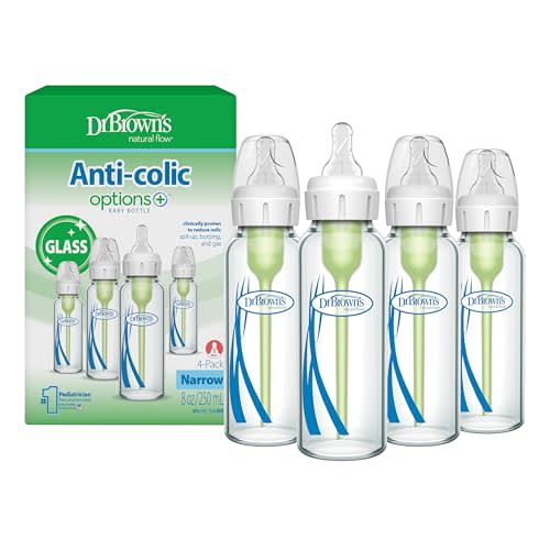 Dr. Brown's Anti-Colic Options+ Narrow Glass Baby Bottle with Level 1 Slow Flow Nipple, BPA-Free, 8 oz/250 mL, 0m+, 4-Pack (Packaging May Vary)