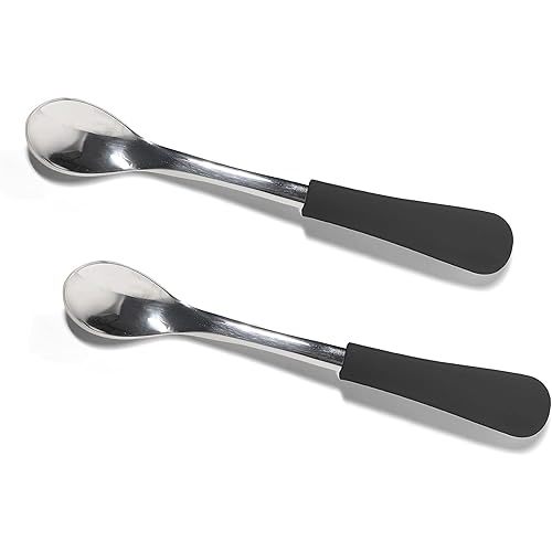 Avanchy Infant Baby Spoons Stainless Steel and Silicone Set, Self Feeding Food Utensils, 4 Months Baby Led Weaning, 2 Pack, Black