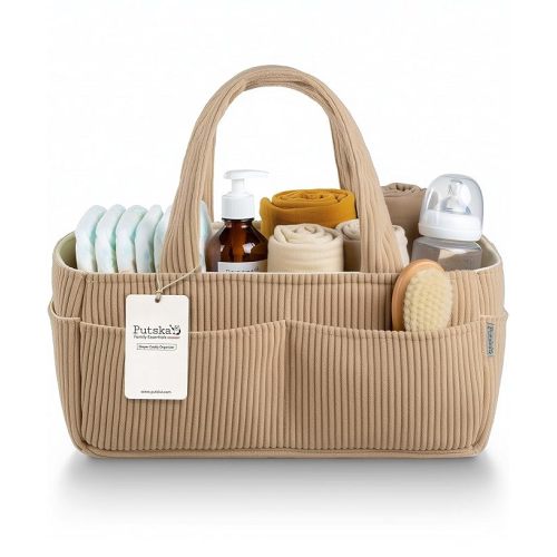 PUTSKA Baby Diaper Caddy Organizer for Changing Table – Stylish Nursery Storage Basket, Newborn Essentials, Baby Shower Gifts and Registry Must-Haves for Boy or Girl, Car Diaper Caddy, Corduroy Cream