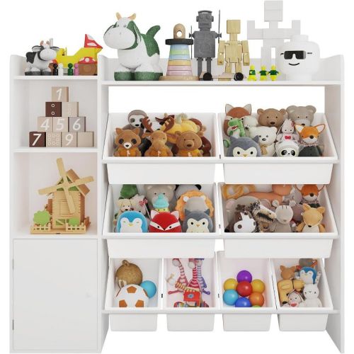 43.5" Kids Toy Storage Organizer with 8 Removable Bins & Bookshelf, Engineered Wood Toy Shelf with Cabinet, White/Multicolored