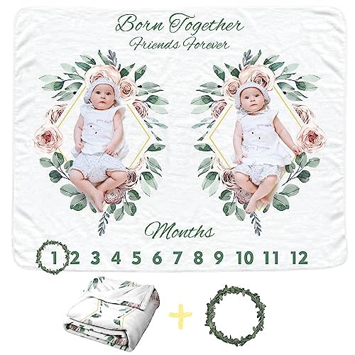 Twins Baby Monthly Blanket for Girls, Newborn Age Blanket, Soft Flannel Photography Background Prop, Twin Baby Gifts, Boho Flower