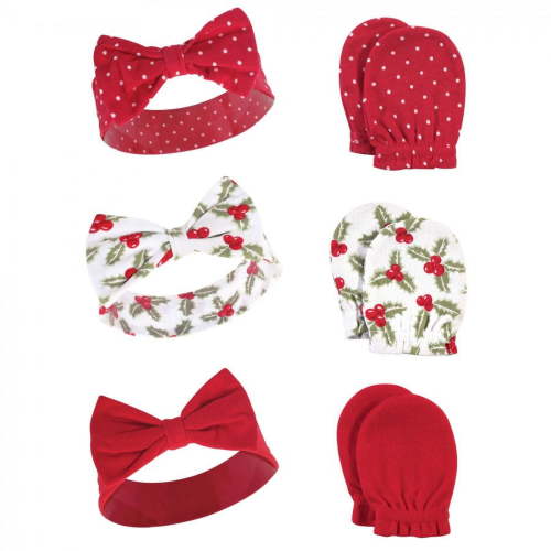 Hudson Baby Infant Girl Cotton Headband and Scratch Mitten 6pc Set, Holly, 0-6 Months
