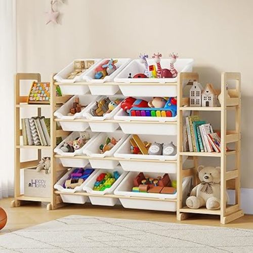 Extra Large Toy Storage - Toy Storage Organizer, Wooden Toy Organizer with 6 Side Shelves and 12 Bins, 3-in-1 Bookshelf for Kids Rooms, Playroom, Nursery, White