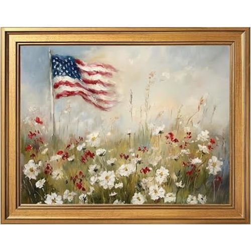Framed Patriotic Flower American Flag Wall Art Canvas Print Vintage Floral Landscape Painting 4th of July Americana Decor USA Independence Day Artwork Picture for Living Room Office 12x16inch Gold