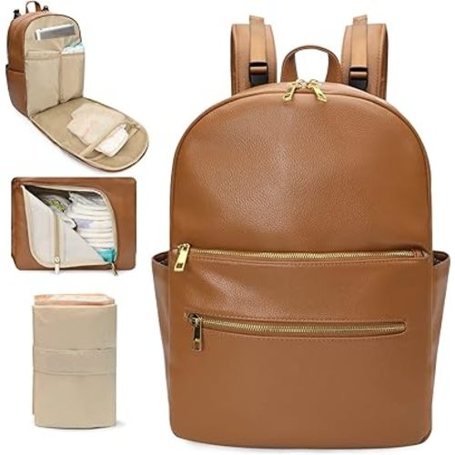 Omanmoli Diaper Bag Backpack Baby Diaper Bag Leather Diaper Bag Backpack Mom Dad with 18 Organizing Pouches,6 Insulated Pockets,Changing Pad,Stroller Straps, Large Capacity,Waterproof(Brown)
