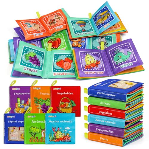 Dr.Rapeti Soft Cloth Books Baby Books Bath Books 6-Pack for Baby Infant Toddler Kids Crinkle Squeaky Washable Chewable Non-Toxic Early Educational Giftable