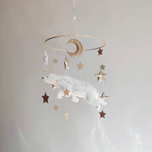 Polar Bear Baby Mobile: Space Nursery Decor with Stars & Moon
