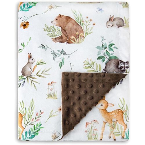 HOMRITAR Baby Blanket for Boys Girls Soft Plush Minky Blanket with Double Layer Dotted Backing for Toddler Nursery with Woodland Animals Printed 30 x 40 Inch (75 x 100 cm)