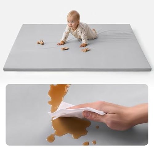 Blissful Diary Vegan Leather Baby Play Mat, 50x50 Thick Foam Cushioned & Waterproof Playpen Mat for Infants and Toddlers, Stylish and Just Wipe-Clean Playmat for Baby Play on Floor, Beige