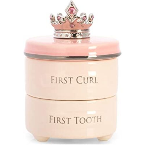 DEMDACO First Tooth and Curl Pink Ceramic Stoneware Children's Stackable Keepsake Box, 1 Count (Pack of 1)
