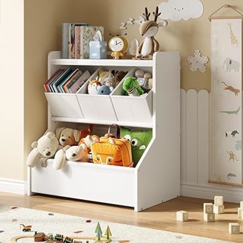 Toy Storage Organizer for Kids, Kids Bookshelf and Toy Organizer with Storage Bins, MDF Wooden Toy Storage Cabinet for Playroom, Bedroom, Nursery, White Patent Design