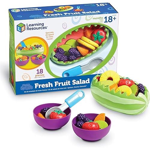 Learning Resources New Sprouts Fresh Fruit Salad - Realistic Play Food for Toddlers 1-3, Preschool Learning Toys, Toddler Pretend Play Food for Kids Kitchen Sets, Plastic Fruit Toys, Toy Foods