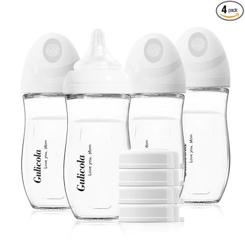 Gulicola Natural Glass Baby Bottle 8 oz for Breastfed Babies, Anti-Colic Baby Bottle Set with Medium Flow Nipple, 3 Months +, 4 Pack - White