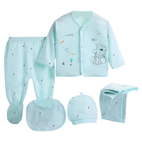 Sopiago Unisex Baby Clothes 5 Piece Layette Sets Cotton 0-3 Months Clothes Outfits for Baby Boys Girls Gift Set (Tops+Hat+Pants+Bib)