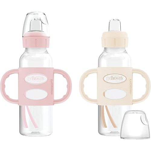 Dr. Brown's Milestones Narrow Sippy Spout Bottle with 100% Silicone, Easy-Grip Handles and Soft Sippy Spout, 8oz/250mL, Light Pink and Ecru, 2-Pack, 6m+