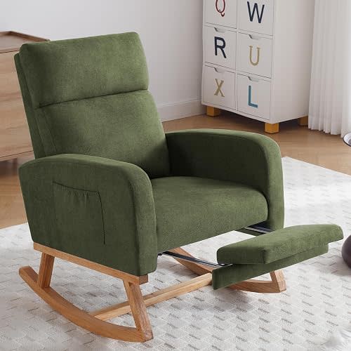 HCHAIRH Rocking Chair Nursery, Nursing Rocking Chairs with Foot Rest for Mom Nursery, Glider Rocker Chair with Footrest and High Backrest for Living Room, Bedroom, Dark Green