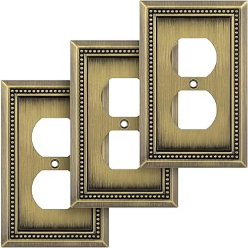 Henne Bery Sunken Pearls Heavy Duty Decorative Wall Plate Switch Plate Outlet Cover (Single Duplex, 3 Pack, Antique Brass)
