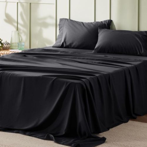 4 Pcs Sheet Sets Solid Embossed Ultra Soft & Durable Easy Care Polyester Microfiber Bedding Queen Black