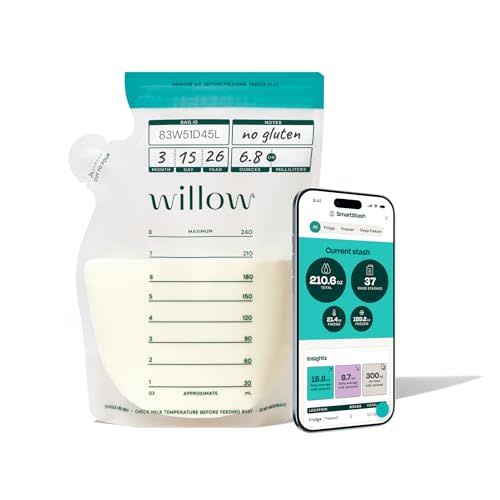 Willow 8oz Breast Milk Storage Bags - SmartStash Tracking - 100 Count | Double zip seal for durability, freezer & fridge breastmilk storage, easy pour spout, BPA free, breastfeeding essentials