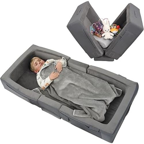 ENITYA Toddler Travel Bed – Portable Foldable Soft Foam Floor Bed for Kids 18M–4yr, No Assembly, Washable Cover, Built-in Safety Rails, Compact for Travel & Home Use, Grey