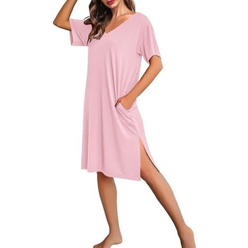 Ekouaer Women Plus Size Nightgown Bamboo Viscose Sleep Shirt Short Sleeve Nightshirt Oversized tshirt Nightdress with Pockets