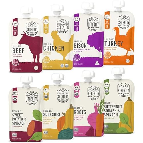 Serenity Kids 6+ Months Organic Baby Food Pouches - 5g Protein Nutrient-Packed Baby Puree Pouches - Organic Veggie-Rich Toddler Snack - On-the-Go Toddler Meals & Snack Pack - 8 Count, 3.5 Oz