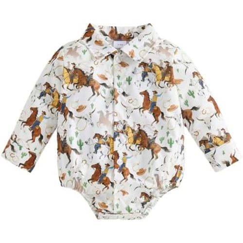 Kayotuas Western Baby Boy Clothes Cowboy Shirt Romper Long/Short Sleeve Button Down Dress Bodysuit Infant Gentleman Outfits
