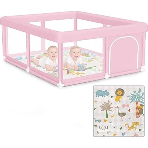 Hiaksedt Large Baby Playpen with Mat 50"x50" Baby Girl Play Pen for Babies and Toddlers, Safe Structure and Soft, Skin-Friendly Fabric with Zipper Gates Pink