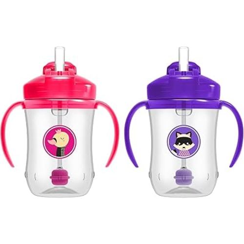 Dr. Brown's Milestones Baby's First Straw Cup, Training Cup with Weighted Straw, 9 oz/270 mL, BPA-free, 6m+, Pink/Purple, 2-Pack
