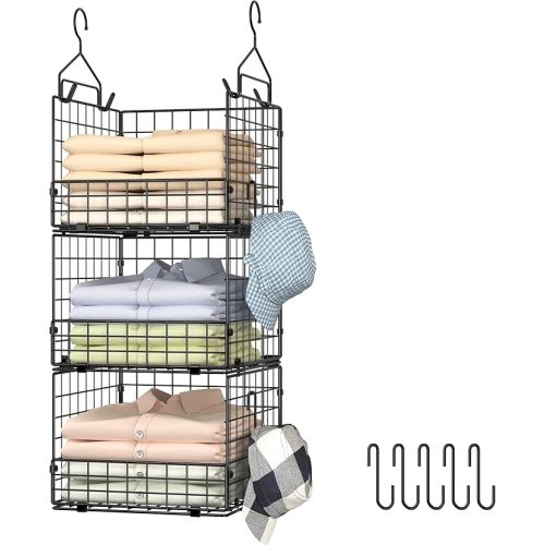Sonyabecca 3-Tier Hanging Closet Organizer, Foldable Cabinet Wire Storage Basket Bins with 5 S Hooks, Closet Shelves & Hanging Closet Shelf for Clothing, Sweaters, Handbags, Hats